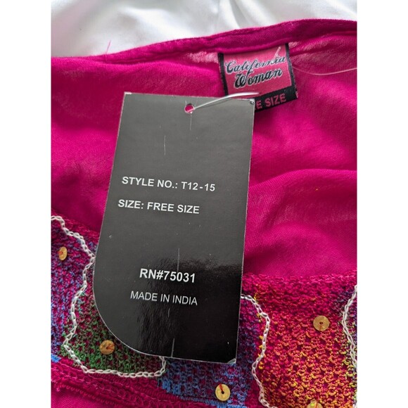 California Woman Top Free Size M/L Embroidered Pink Sequins Bohemian Tunic Flowy - Picture 11 of 14